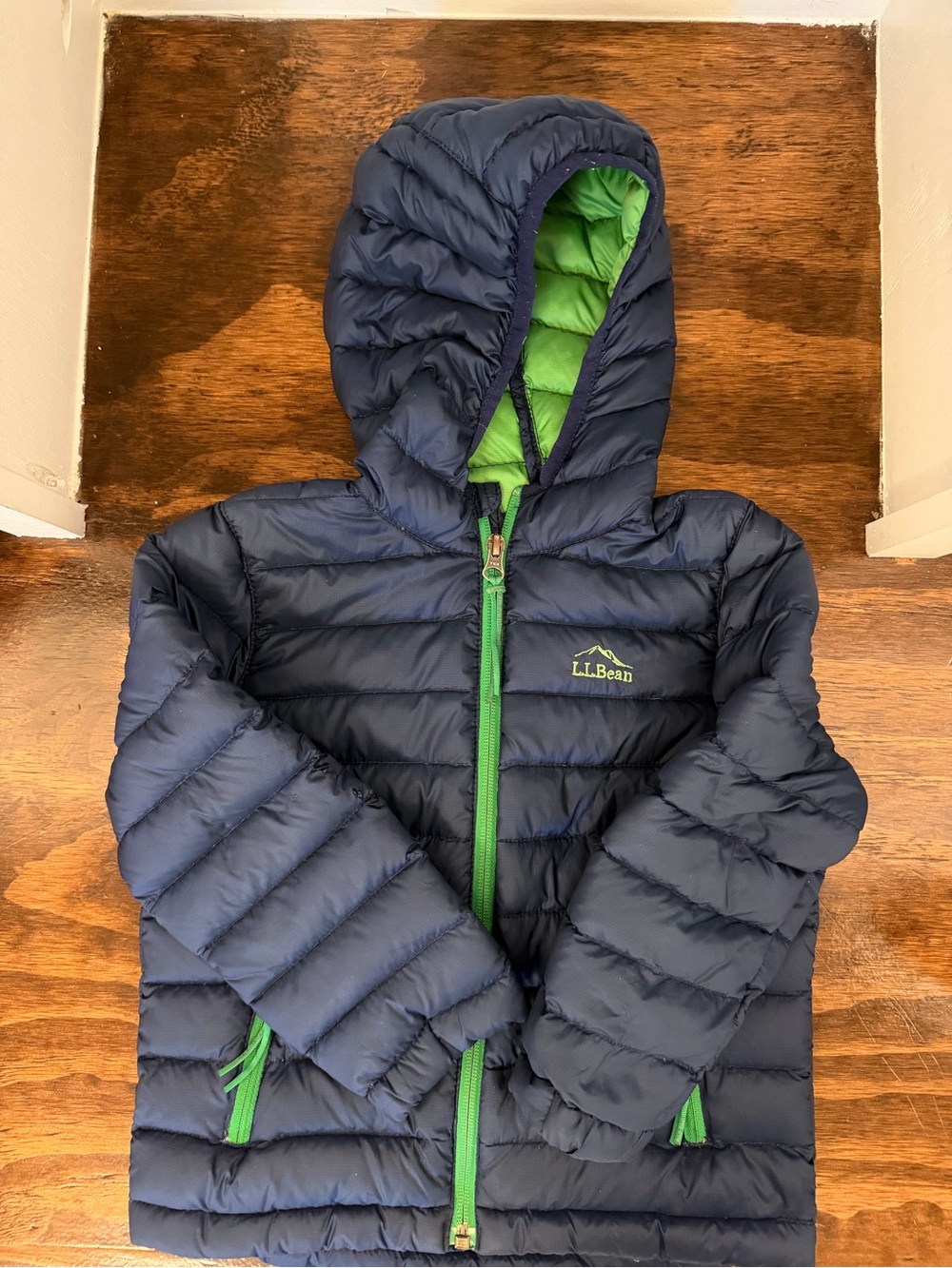 L.L. Bean Navy Puffer Jacket with Green Trim and Hood